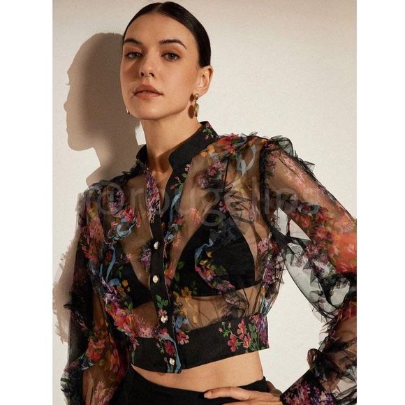 Black Sheer Floral Ruffle Textured Crop Button Up Blouse Shirt Top - Picture 8 of 9